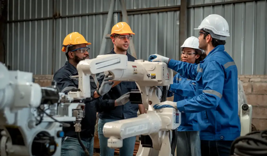 Desarrollo de prototipos industriales personalizados 4 Equipo de ingenieros trabajando con brazo robótico en planta industrial durante el desarrollo de prototipos